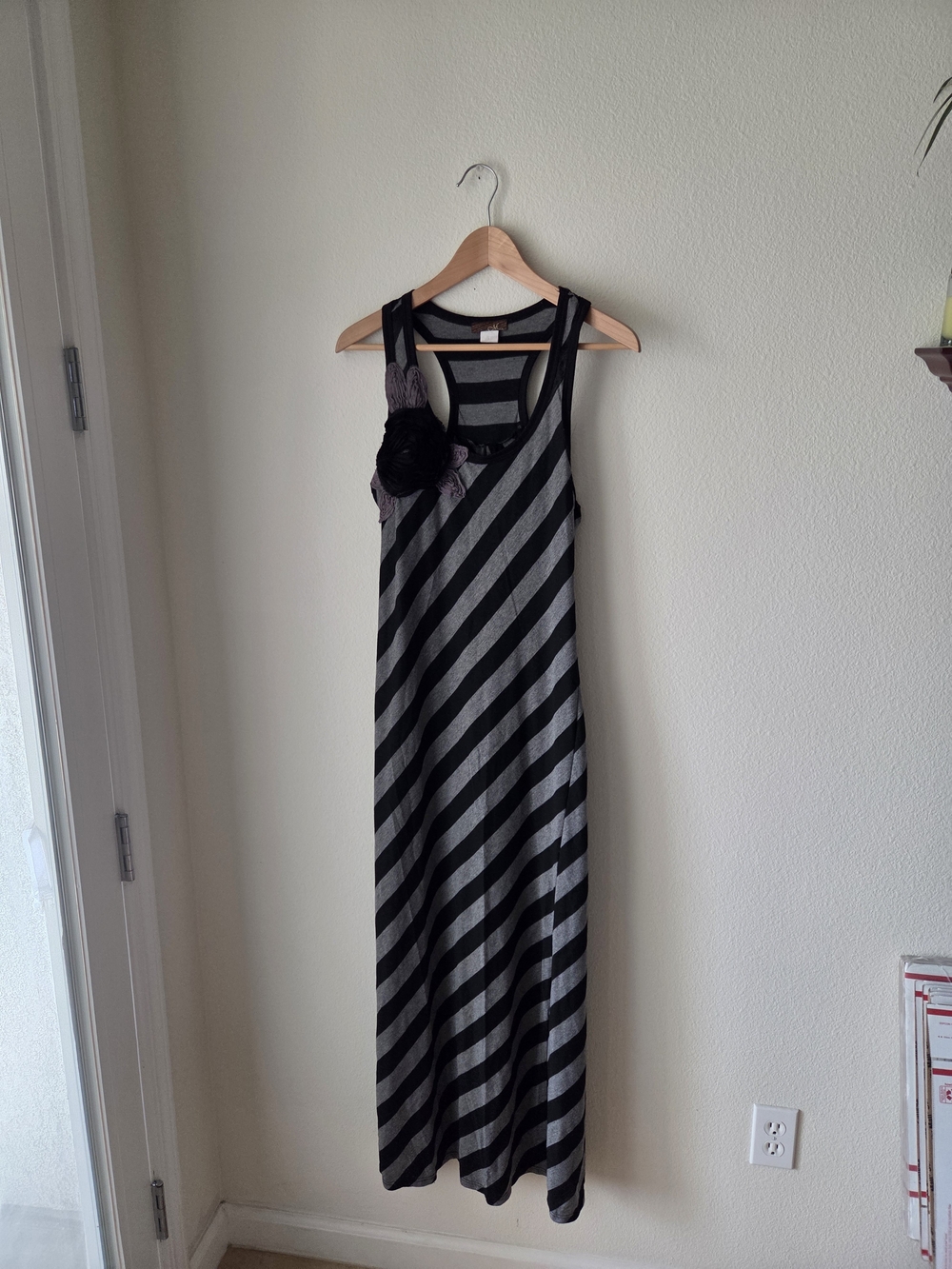 Vintage Y2K Mon Amie Black Gray Striped Maxi Dress Racerback Made in USA  Sz S/M